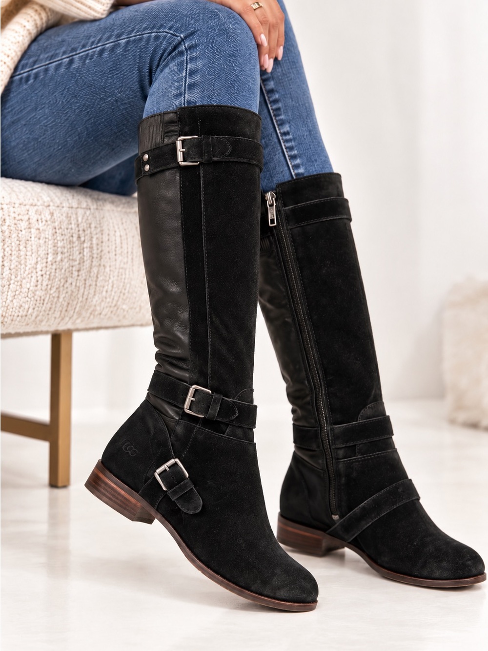 UGG Cyndee Black Suede Tall Riding Boots Buckle Zip Women’s Size 8